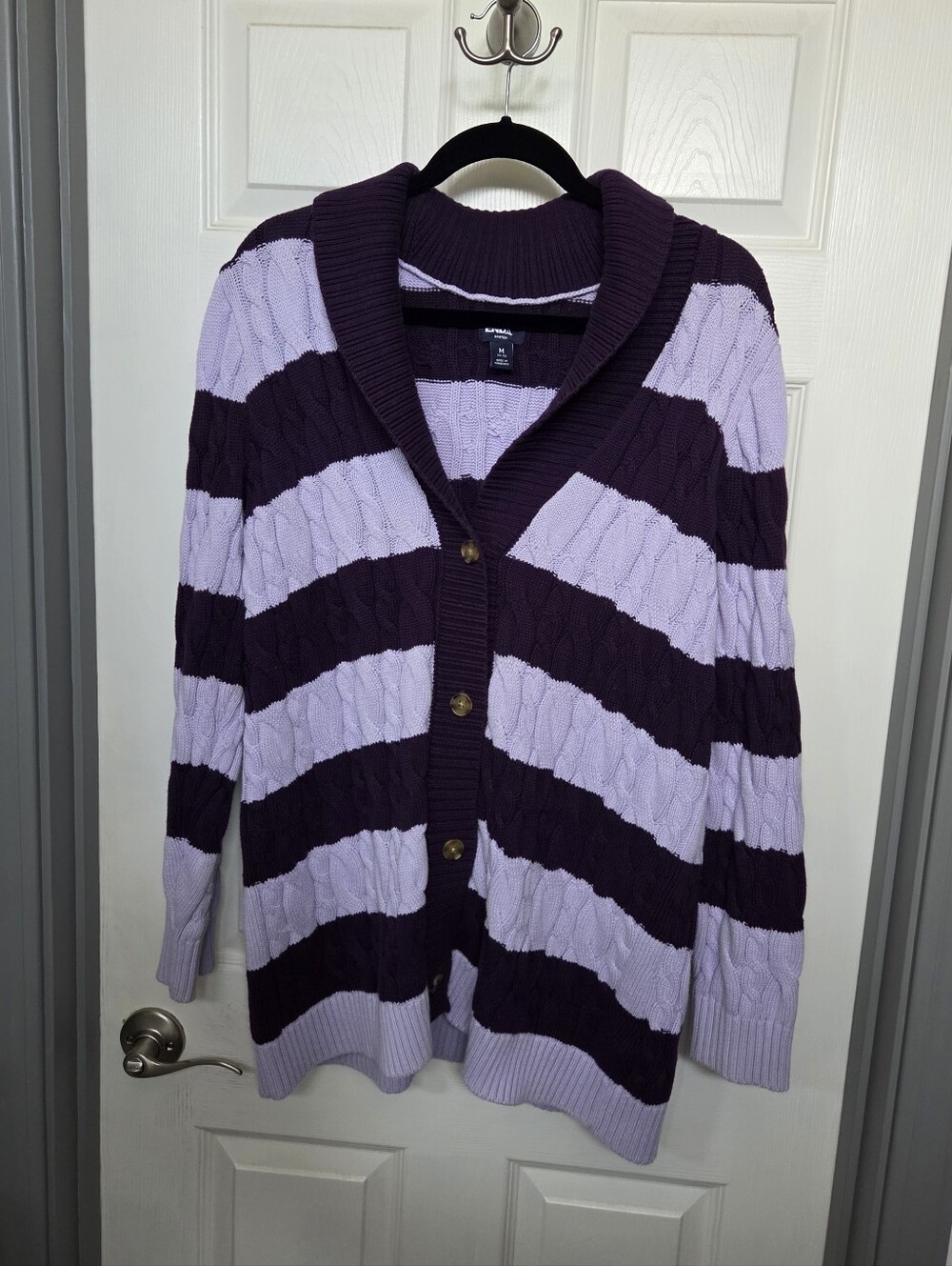 Lands' End Lavender Deep Purple Cable-Knit Button Cotton Shawl Collar Cardigan M